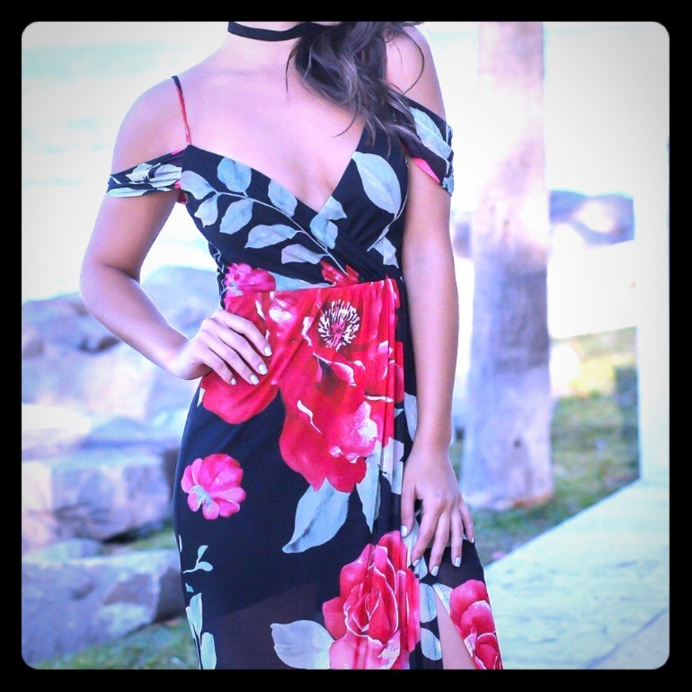 Black and Red Floral Off Shoulder Maxi Dress